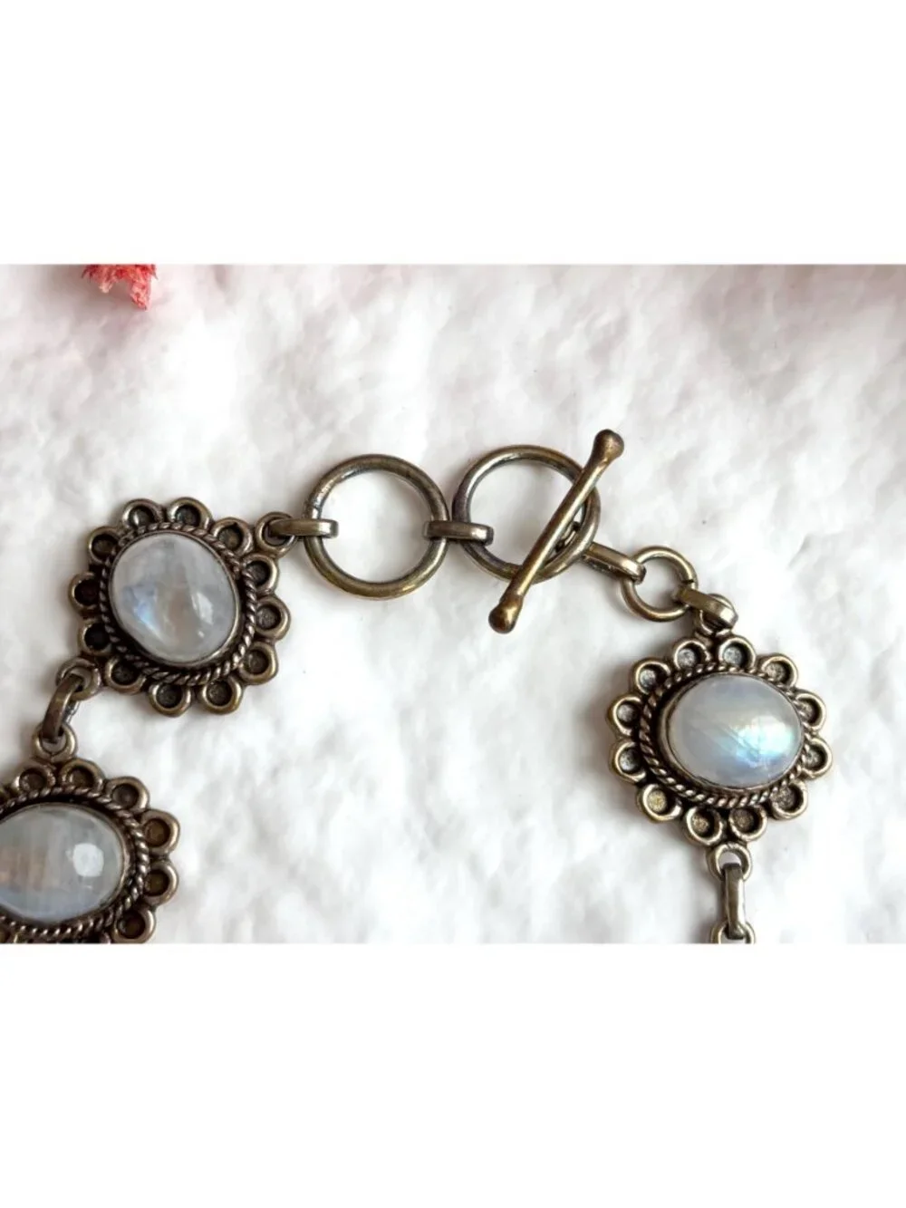 Iridescent Moonstone Vermeil Floral Sterling Silver 925 Vintage Bracelet